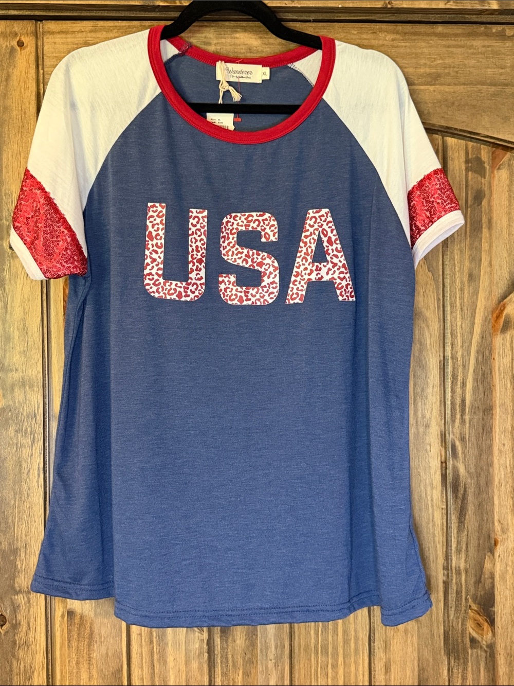 Wanderer Navy Raglan Tee with White Sleeves & Red Accents